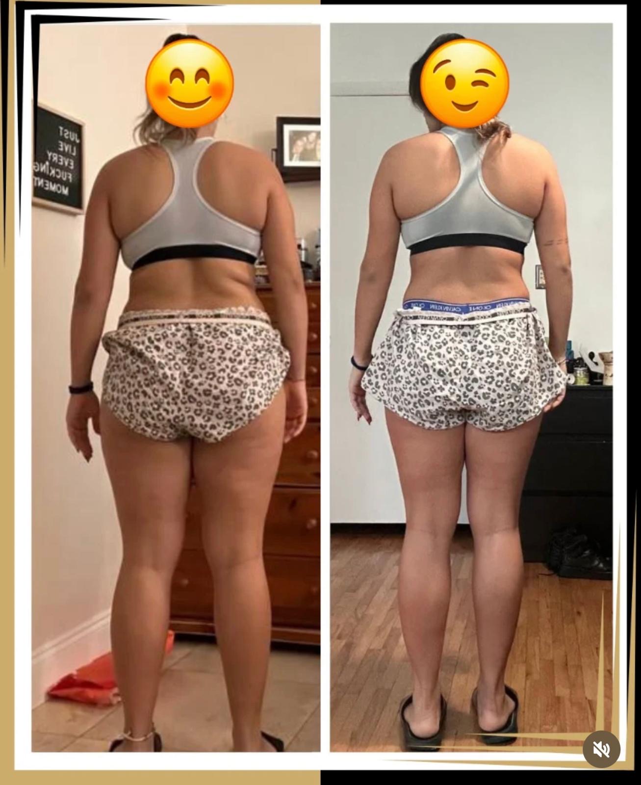 Client 1 transformation, back view — before on the left, after on the right